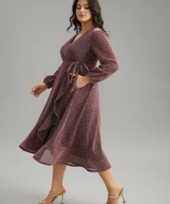 Plain Glitter Overlap Collar Ties Arc Hem Dress -Clothing Shop 845432542 gy