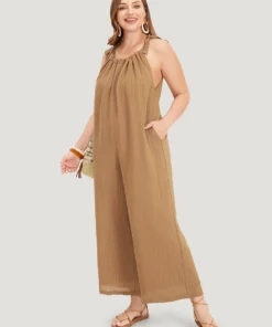 Plain Textured Pocket Halter Tie Overall Jumpsuit -Clothing Shop 845586683 pj