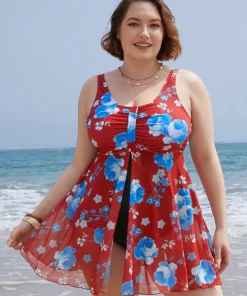 Floral Print Split Front Ruched A Line Swim Dress