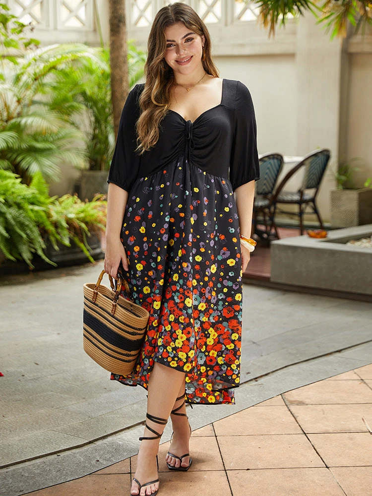 Floral Print Patchwork Drawstring Square Neck Dress 4 Floral Print Patchwork Drawstring Square Neck Dress - Image 2