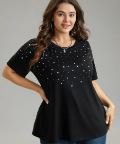 Glitter Star Print Crew Neck T-shirt -Clothing Shop 846645933 xy