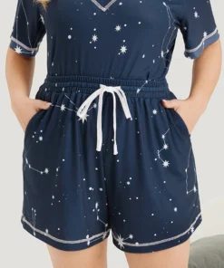 Star Print Stitch Drawstring Elastic Waist Pocket