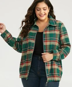 Plaid Contrast Zipper Pocket Jacket -Clothing Shop 846982088 vs