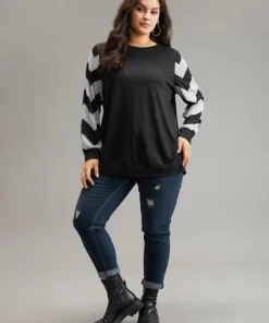 Geometric Patchwork Round Neck Sweatshirt -Clothing Shop 846983049 dq