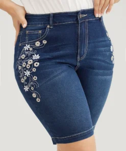 Very Stretchy High Rise Dark Wash Floral Embroidered Denim Shorts
