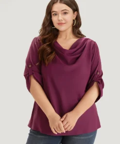 Solid Cowl Neck Tab Sleeve Blouse -Clothing Shop 847278384 do