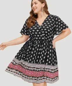 Bandana Print Flutter Sleeve Pocket Wrap Dress