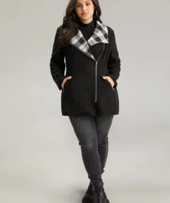 Plaid Patchwork Lapel Collar Zipper Coat -Clothing Shop 849416683 jv