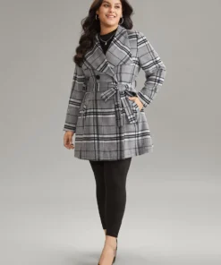 Plaid Button Up Pocket Belted Lapel Collar Coat -Clothing Shop 849711021 bq