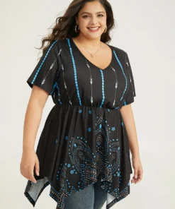 Boho Print Ruffles Hanky Hem T-shirt -Clothing Shop 850987815 ob