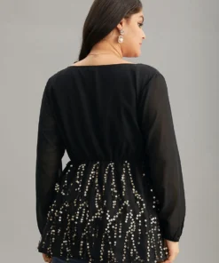 Sequin Mesh Patchwork Square Neck Blouse -Clothing Shop 851163236 ff