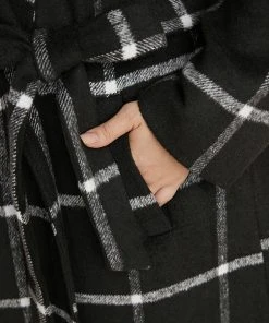 Plaid Lapel Collar Pocket Belted Open Front Coat -Clothing Shop 851679548 iu