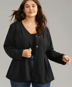 Solid Pleated Button Up Belted Blazer