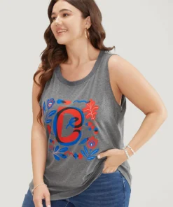 Letter & Floral Print Sleeveless Tank Top -Clothing Shop 855293411 df