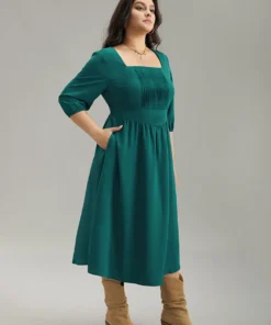 Anti-Wrinkle Square Neck Pleated Gathered Dress -Clothing Shop 855561922 um