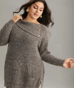 Heather Split Hem Asymmetrical Button Detail Pullover -Clothing Shop 856258271 ki