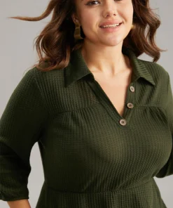 Waffle Knit Button Detail Lapel Collar Dress -Clothing Shop 856337247 kt