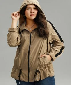 Wind-Resistant Contrast Trim Drawstring Jacket -Clothing Shop 856373393 qz