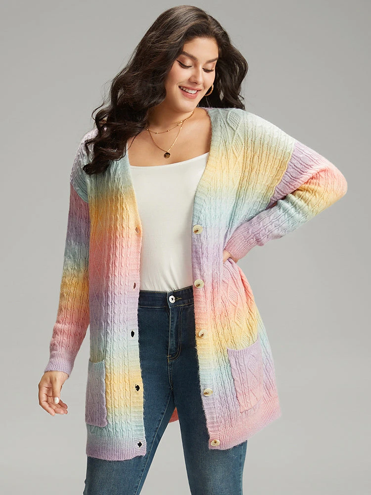 Ombre Cable Knit Patched Pocket Cardigan 5 Ombre Cable Knit Patched Pocket Cardigan - Image 3