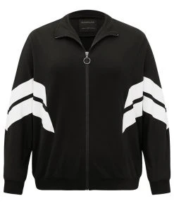 Striped Geometric Mock Neck Zipper Jacket -Clothing Shop 85646856 cz