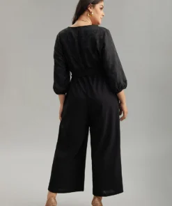 Plain Textured Belted Wrap Jumpsuit -Clothing Shop 85696744 jy