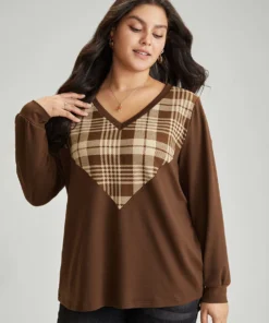 Plaid V Neck Patchwork Elastic Cuffs Sweatshirt -Clothing Shop 857161913 ku