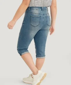 Very Stretchy Medium Wash Roll Hem Knee Denim Shorts -Clothing Shop 857815847 yj