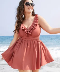 Ruffle Trim Adjustable Straps Gathered Sculpt Waist Swim Dress