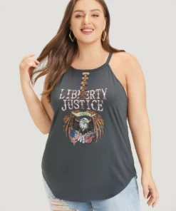 Eagle & Letter Print Halter Metal Detail Cut Out Cami Top