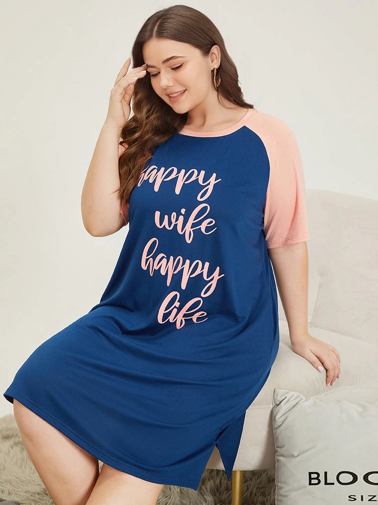 Letter Print Contrast Raglan Sleeve Patchwork Night Dress 5 Letter Print Contrast Raglan Sleeve Patchwork Night Dress - Image 3