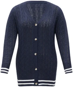 Cable Knit Striped Patchwork Button Through Cardigan -Clothing Shop 859052486 sw