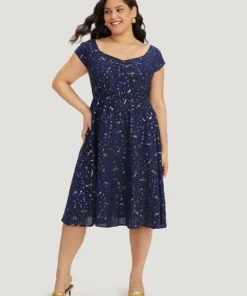 Star Glitter Pocket Ruched Square Neck Dress -Clothing Shop 860595155 ci