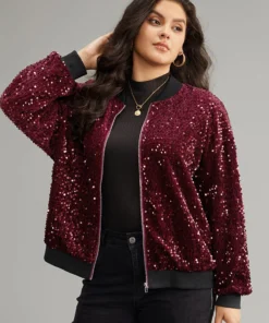 Sequin Zipper Patchwork Contrast Bomber Jacket -Clothing Shop 860725289 vv