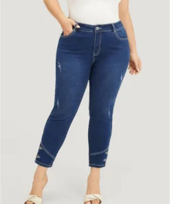 Very Stretchy High Rise Dark Wash Button Hem Jeans