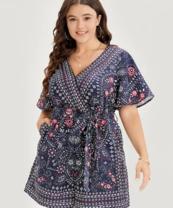 Bandana Print Belted Pocket Surplice Neck Romper -Clothing Shop 861336012 nu