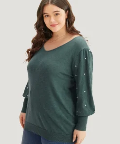 Supersoft Essentials Solid Pearl Beaded Elastic Cuffs Pullover -Clothing Shop 861392381 ej