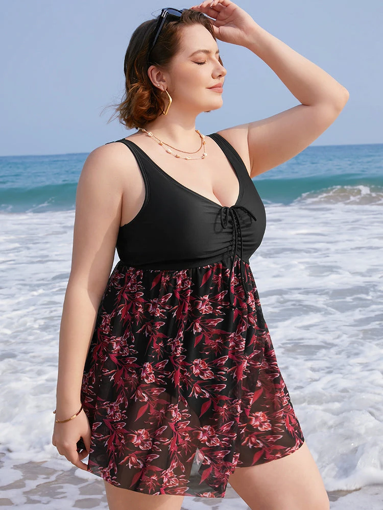 Plant Print Drawstring Ruffles Ruched A Line Swim Dress 6 Plant Print Drawstring Ruffles Ruched A Line Swim Dress - Image 4