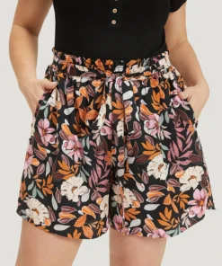 Tropical Print Paperbag Waist Pocket Belt Shorts -Clothing Shop 862074120 nq