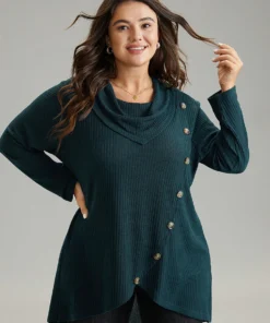 Rib Knit Cowl Neck Button Detail Wrap Hem T-shirt