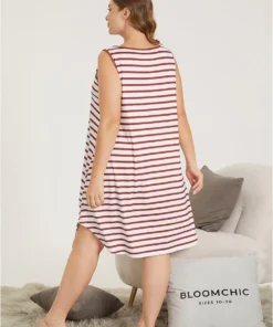 Striped Print Pocket Arc Hem Sleep Tank Dress -Clothing Shop 862325804 sn