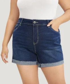 Moderately Stretchy High Rise Dark Wash Roll Hem Denim Shorts