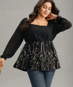 Sequin Mesh Patchwork Square Neck Blouse -Clothing Shop 862519593 hw
