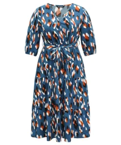 Allover Print Ruffle Layered Hem Wrap Belted Dress -Clothing Shop 862623237 xm