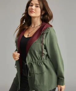 Contrast Hooded Drawstring Flap Pocket Coat -Clothing Shop 862849553 sz
