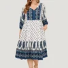 Bandana Print Ruffles Lantern Sleeve Pocket Tassels Tie Neck Dress
