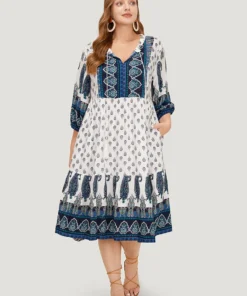 Bandana Print Ruffles Lantern Sleeve Pocket Tassels Tie Neck Dress