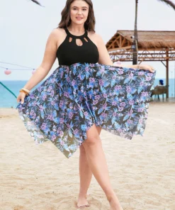 Floral Cut Out Halter Neck Hanky Hem Swim Dress -Clothing Shop 863260096 dc