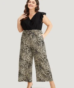 Zebra Patchwork Contrast Ruffle Cap Sleeve Pocket Jumpsuit 13 Zebra Patchwork Contrast Ruffle Cap Sleeve Pocket Jumpsuit -Clothing Shop 864426498 zh