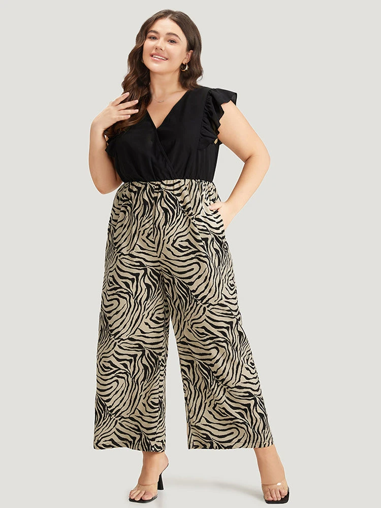 Zebra Patchwork Contrast Ruffle Cap Sleeve Pocket Jumpsuit 5 Zebra Patchwork Contrast Ruffle Cap Sleeve Pocket Jumpsuit - Image 3