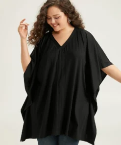 V Neck Solid Dolman Sleeve T-shirt -Clothing Shop 864565793 pc